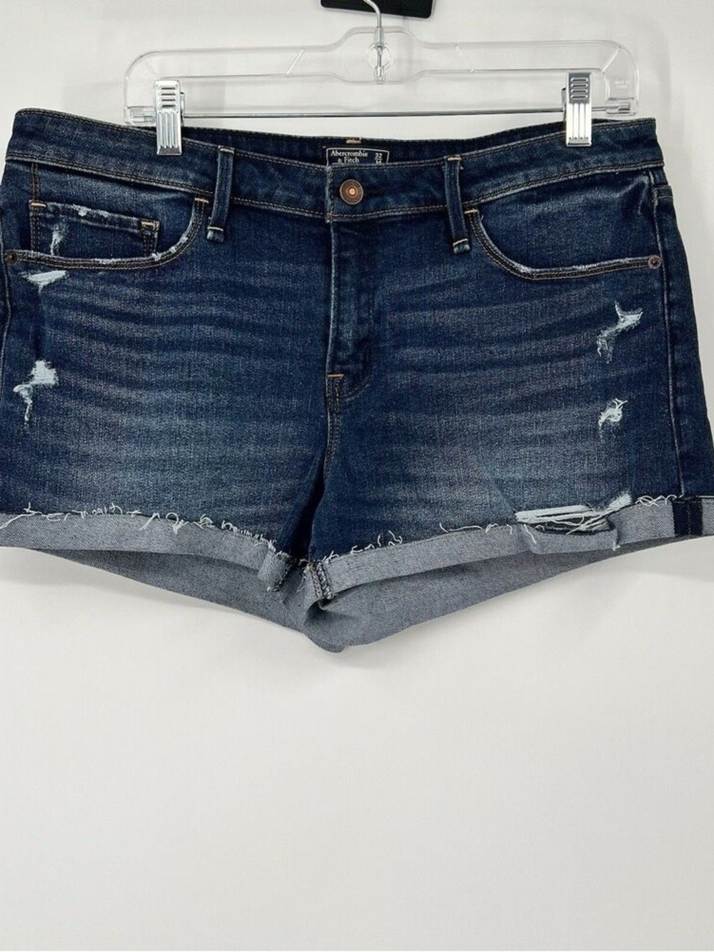 Abercrombie & Fitch Dark Blue Distressed Rolled Hem Jean Shorts